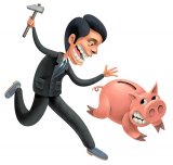 animowany obrazek przedstawiakący skarbonkę i walczącego o pieniądze pana